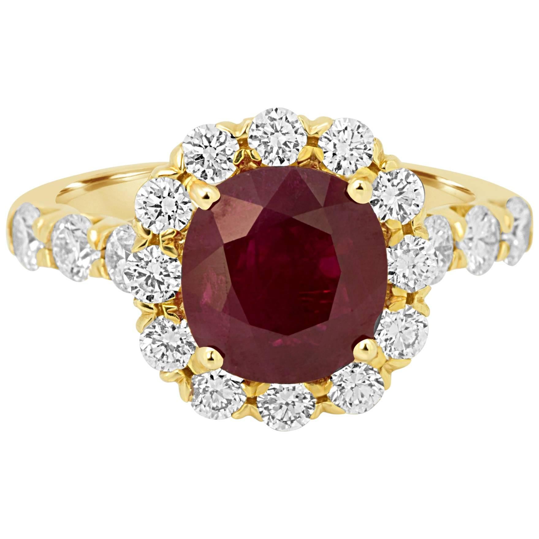 GIA Certified Burma Ruby Cushion 2.33 Carat Diamond Halo Yellow Gold Bridal Ring