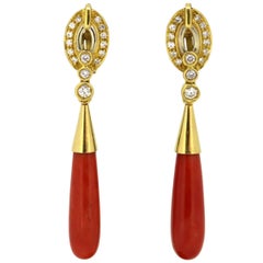 Vintage 18 Karat Yellow Gold and Coral Ladies Earrings with Diamonds, 0.54 Carat