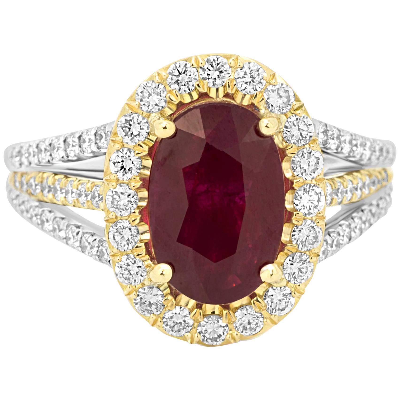 GIA Certified Burma Ruby Oval 2.33 Carat Diamond Halo Two-Color Gold Bridal Ring