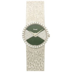 Piaget Ladies White Gold Diamond Jade Mechanical Wind Wristwatch Ref 9706