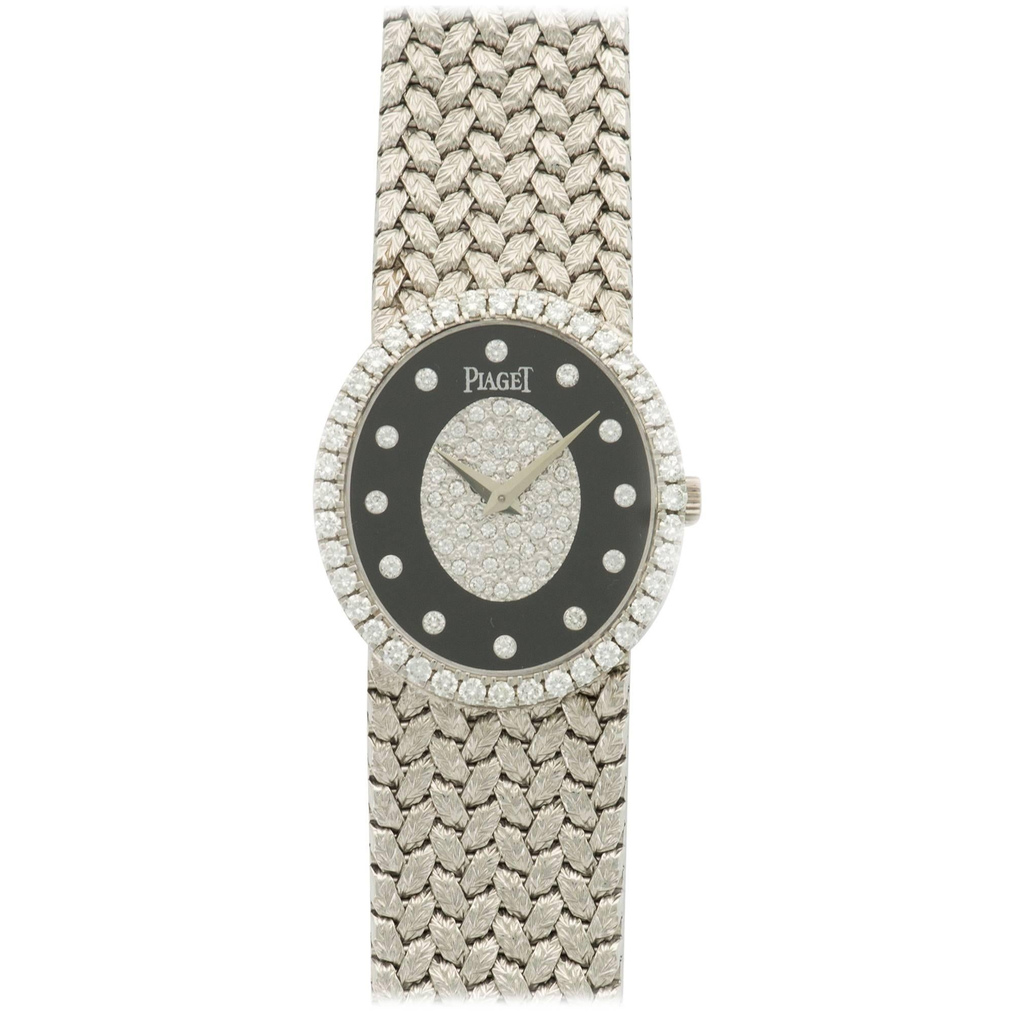Piaget White Gold Diamond Onyx Bracelet Mechanical Wind Wristwatch Ref 9826 