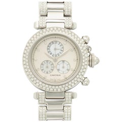 Retro Cartier White Gold Diamond Pasha Chronograph Bracelet Wristwatch 