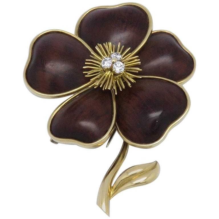 Van Cleef and Arpels Wood Diamond Gold Brooch For Sale at 1stDibs