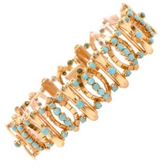 Vintage Retro Turquoise 18 Karat Gold Link Bracelet