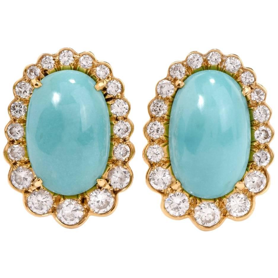  Diamond Turquoise 18 Karat Gold Clip-Back Earrings