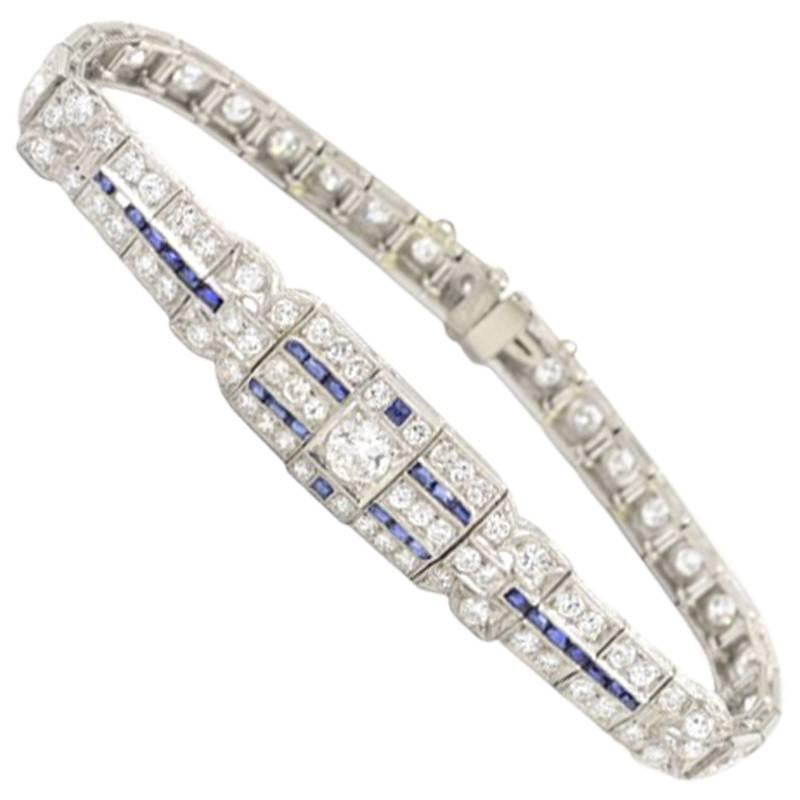 Art Deco 1920s Platinum, Diamond and Sapphire Bracelet For Sale