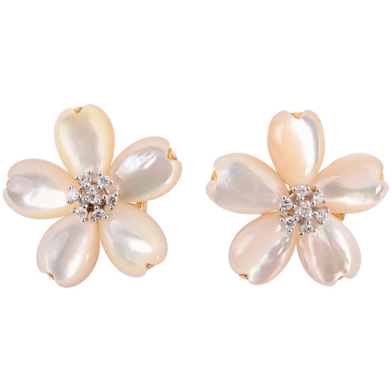 Flower Earrings with MotherofPearl and Diamonds at 1stdibs