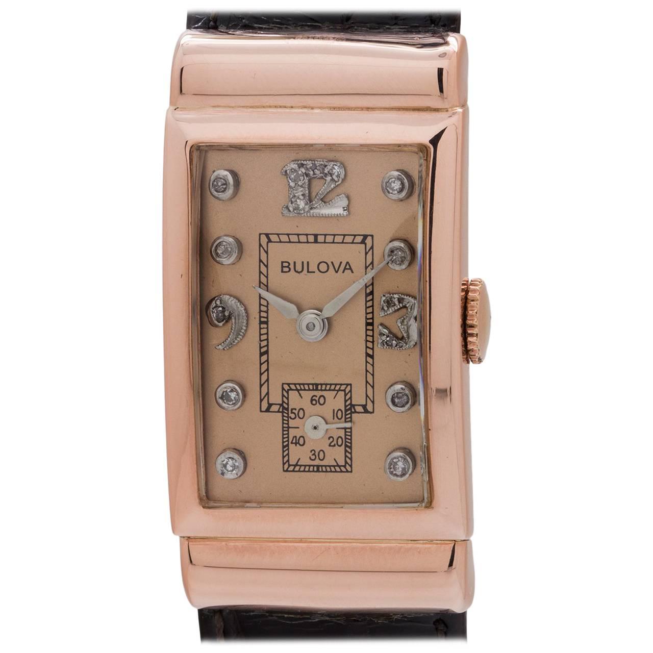 Bulova Pink Gold Diamond Dial tuxedo model manual wristwatch, circa 1950s