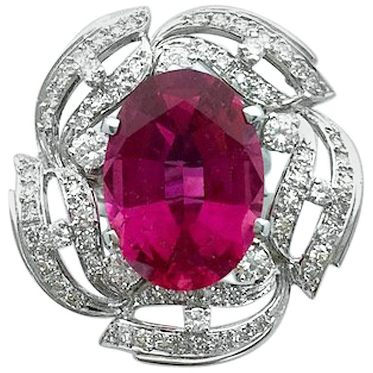 13.15 Carat Tourmaline Rubellite Diamond White Gold Ring