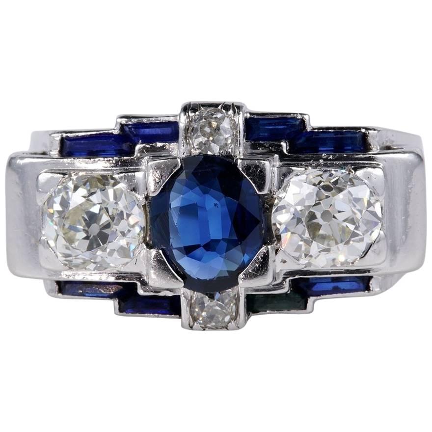 Art Deco Natural No Heat Sapphire 1.65 Carat G /VVS Old Diamond Platinum Ring
