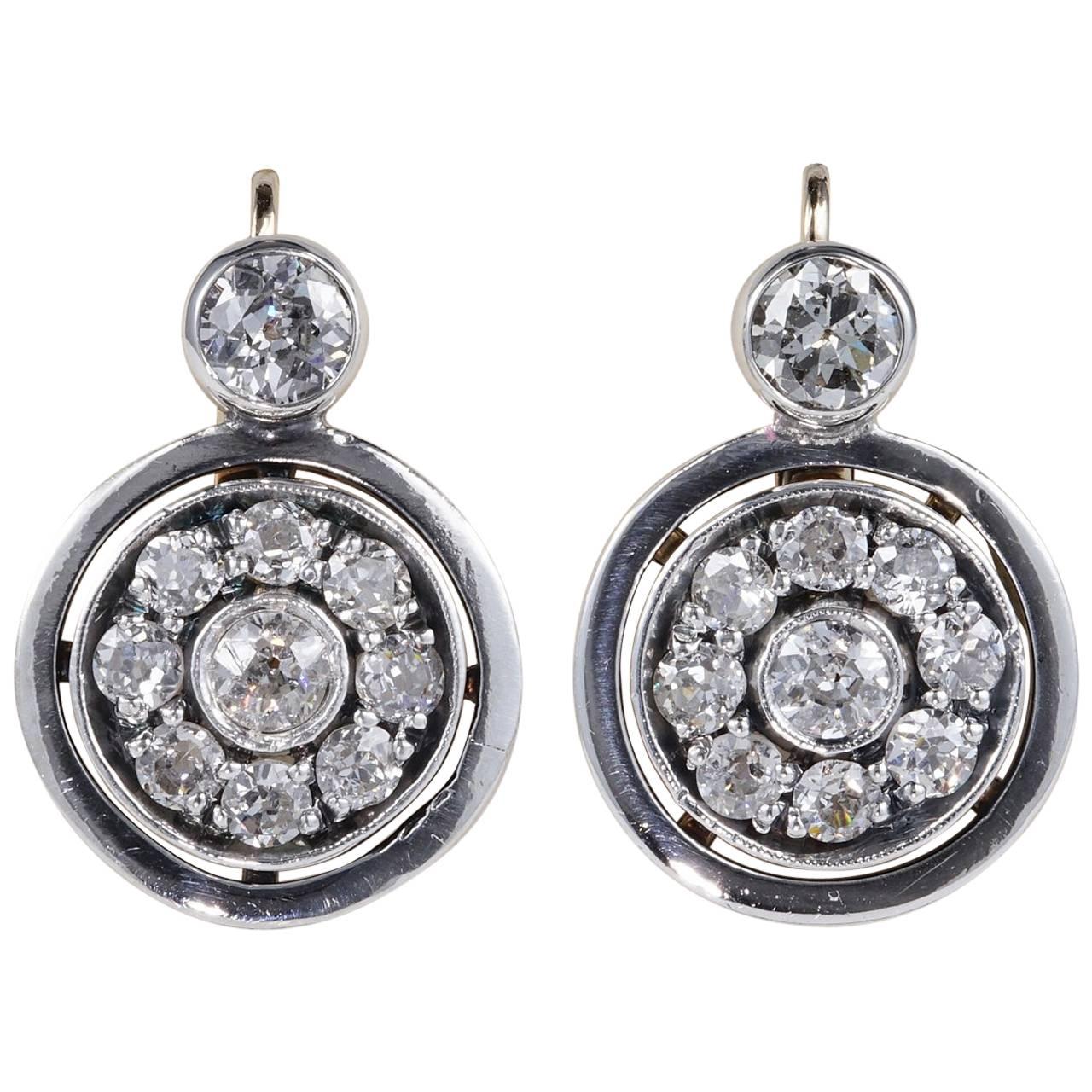 Edwardian 2.10 Carat Diamond Target Design Drop Earrings For Sale