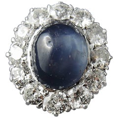 Vintage Star Sapphire 10.00 Carat and Diamonds French Engagement Cluster Ring