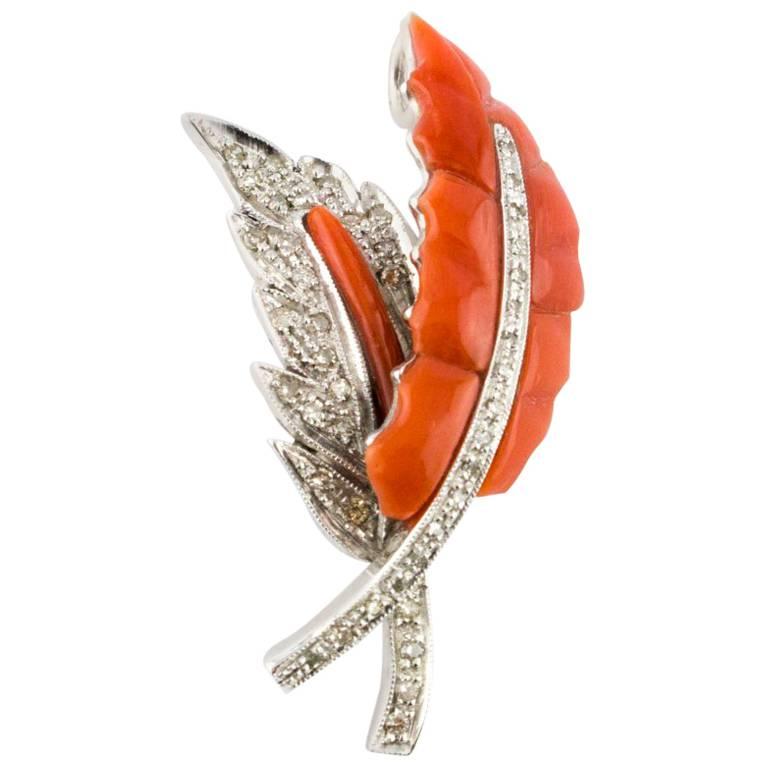 Diamonds, Red Coral Leave, 14K White Gold, Leaves Shape Pendant Necklace For Sale