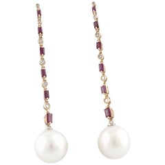 Dangle Rose Gold Earrings with Diamonds, Rubies and Australian Pearls