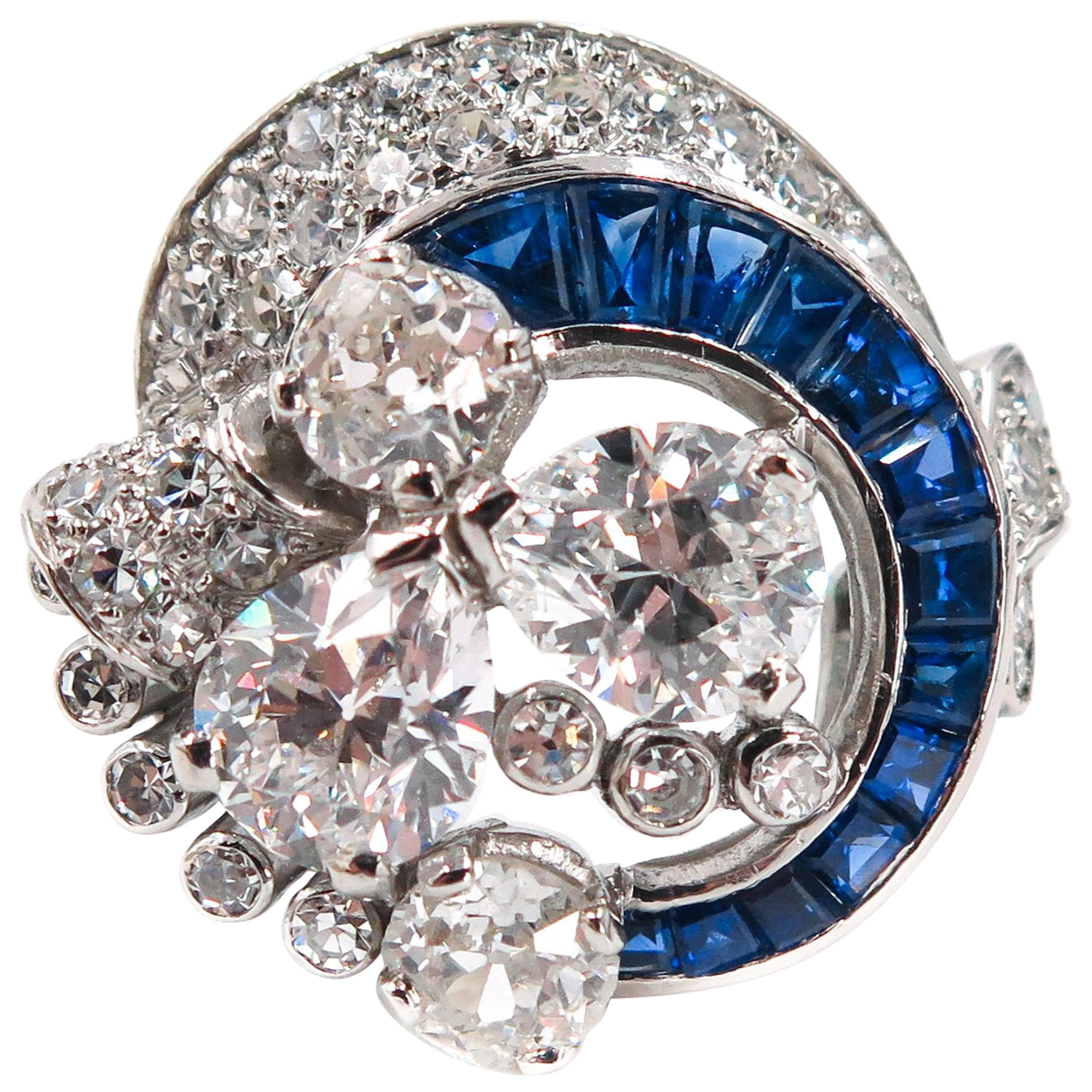 Sapphire and Diamond Estate Platinum Cocktail Ring For Sale