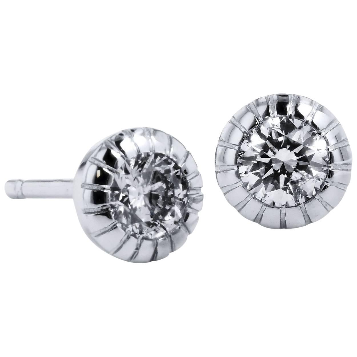 H & H 0.39 Carat Diamond Ten Prong Bezel Set Stud Earrings