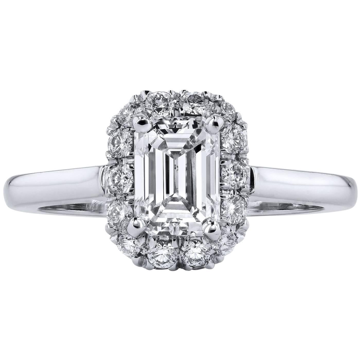 GIA Certified 1 Carat Emerald Cut Diamond Platinum Halo Engagement Ring Size 6