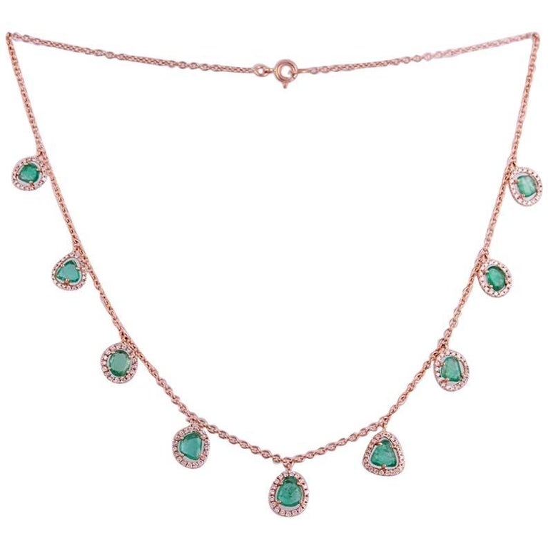 18 Karat Rose Gold Diamond and Emerald Necklace For Sale
