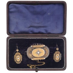 Antique Victorian Brooch Earrings Half Pearl Gold Brooch Earrings Set
