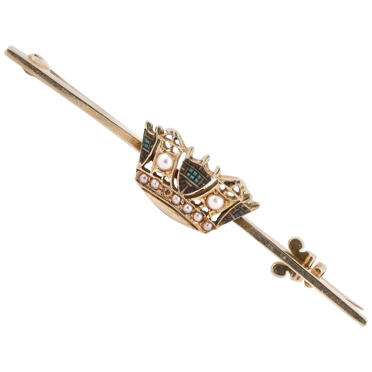 Late Victorian Gold Dress Pin with a Micro Seed Pearls and Enamel Crown For Sale
