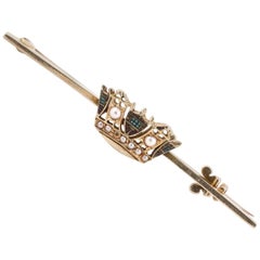 Late Victorian Gold Dress Pin with a Micro Seed Pearls and Enamel Crown