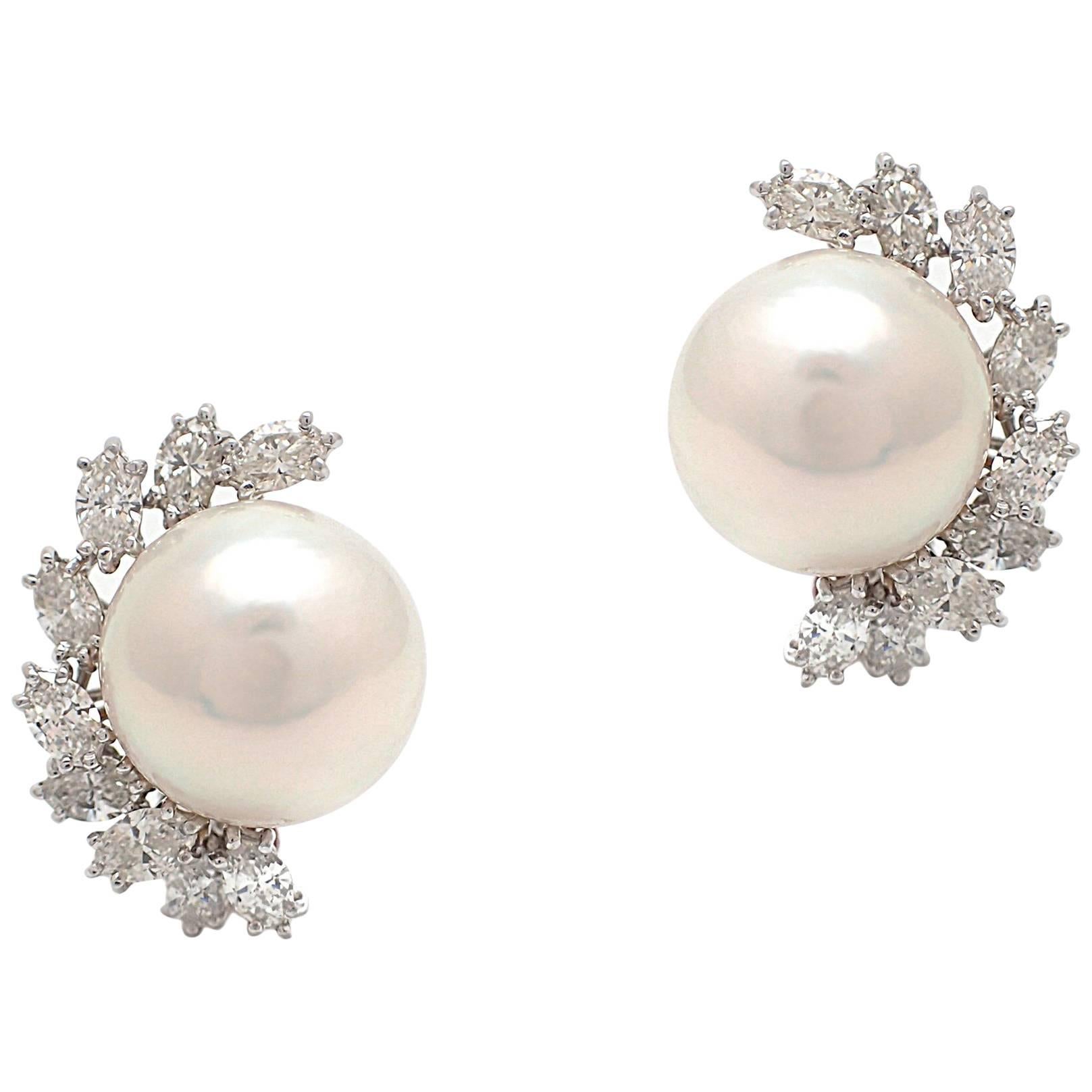 Elegant Pearl and Diamond Earrings in Platinum