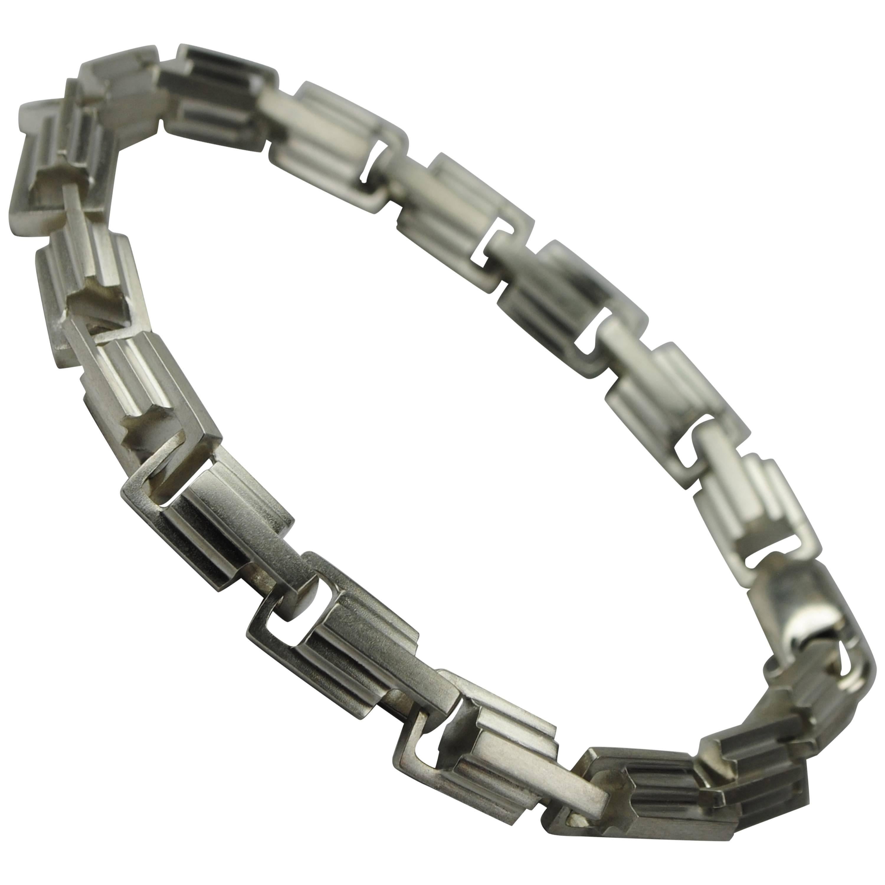 Emer Roberts Sterling Silver Architectural Deco Links Chain Bracelet For Sale