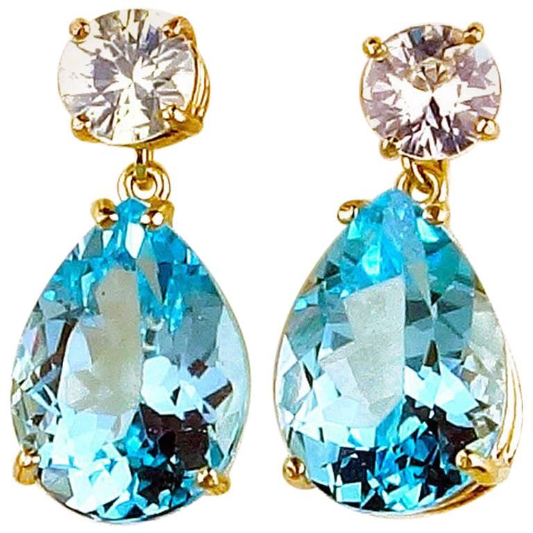 30.64 Carat White Zircons and Blue Topaz Dangling Stud Sterling Silver Earrings