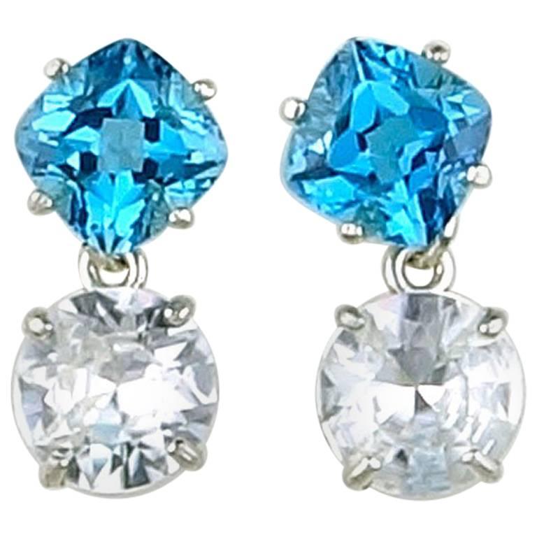 12.66 Carat White Zircon and Blue Topaz Dangling Sterling Silver Stud Earrings