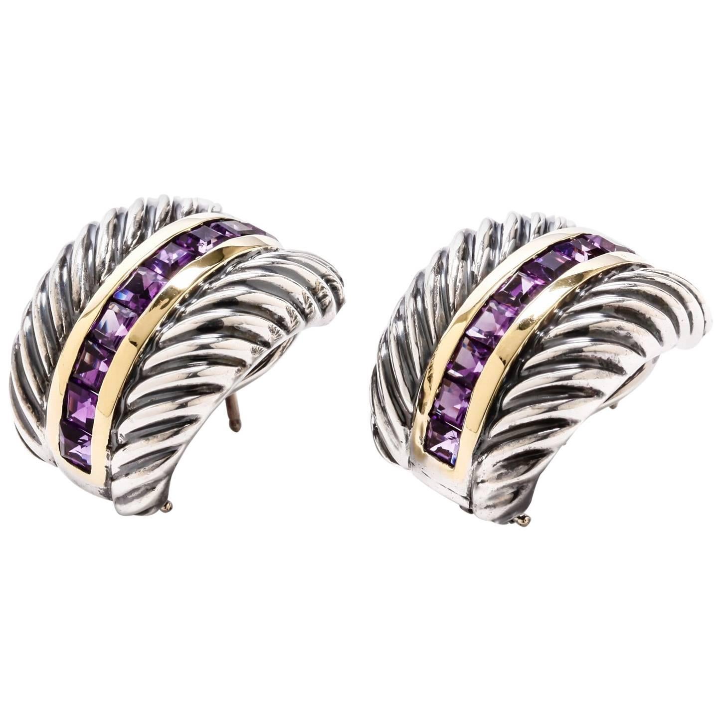 David Yurman Amethyst Sterling Silver and 14 Karat Yellow Gold Cable Earrings For Sale