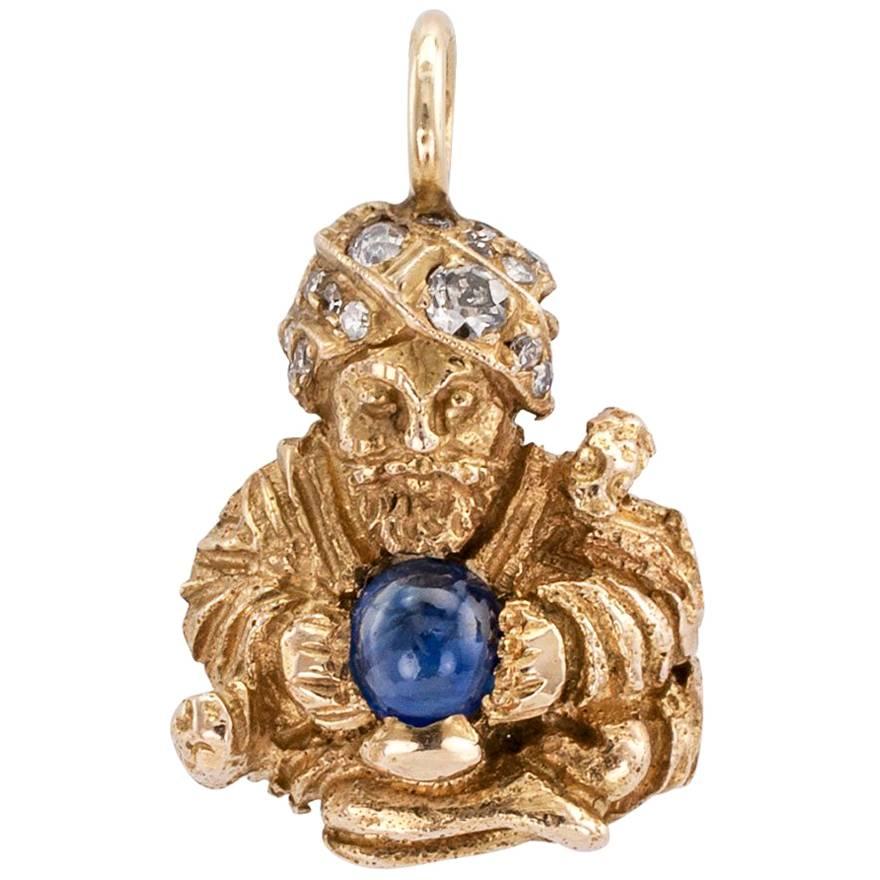 1950s Swami Charm Pendant Sapphire Diamond Gold