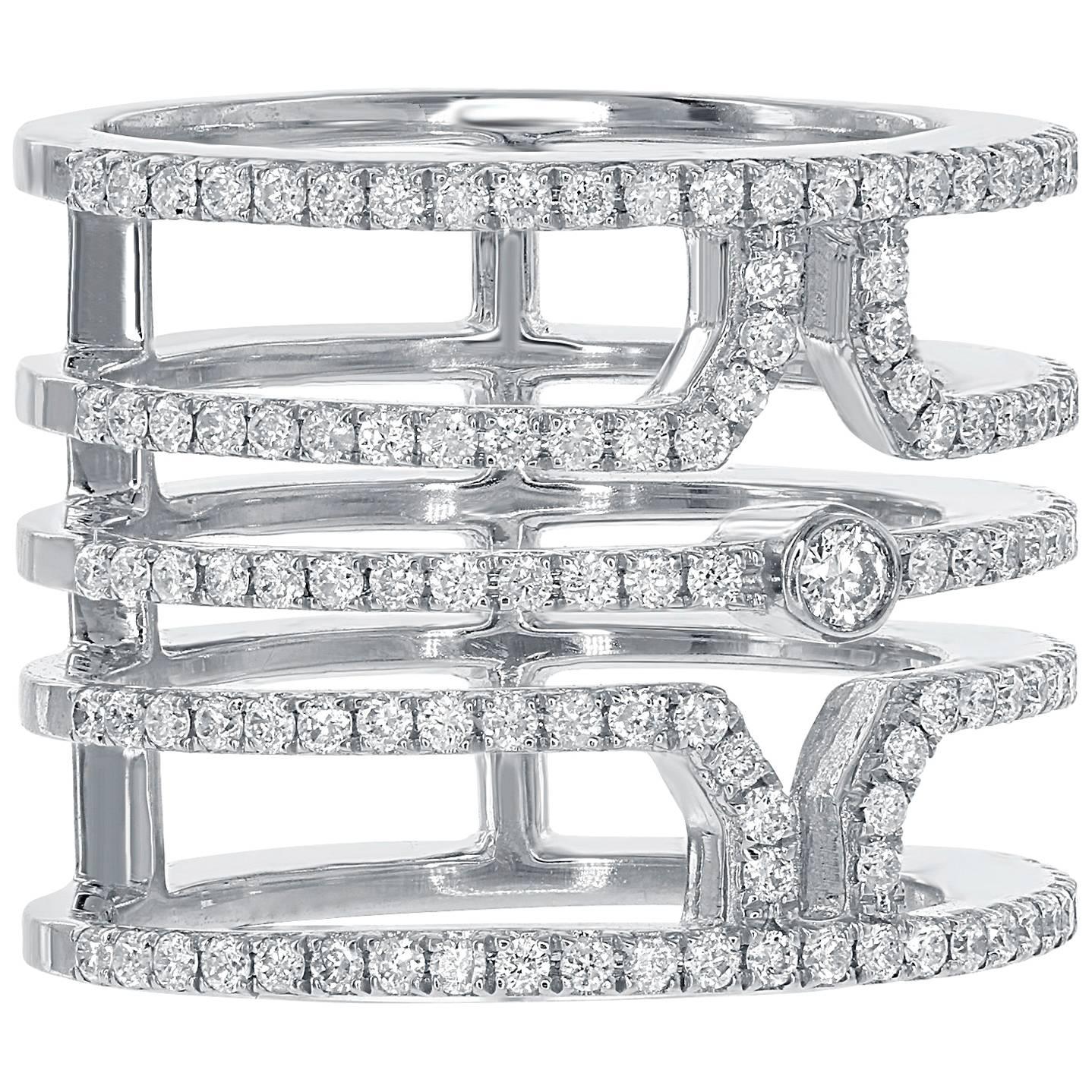 18 Karat White Gold Multi Row Diamond Ring For Sale