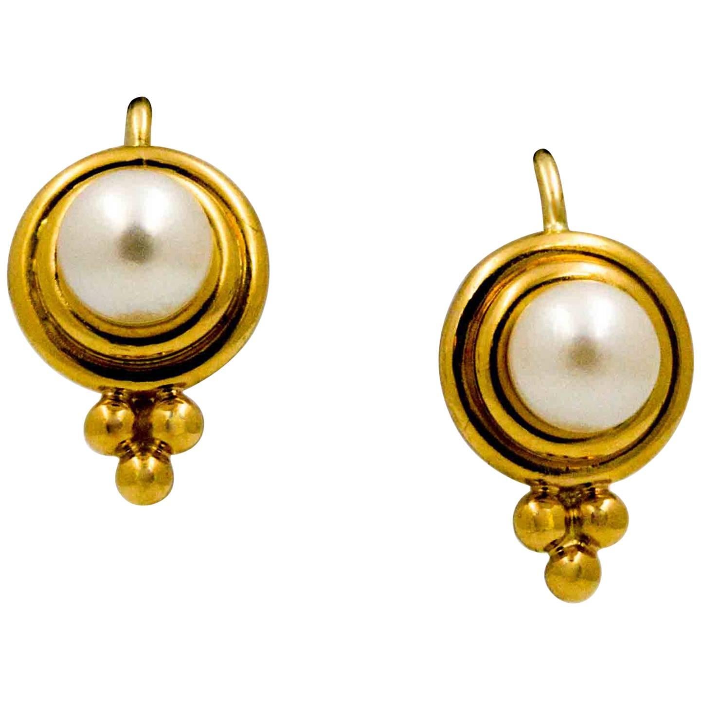 18 Karat Yellow Gold White Cultured Pearl Temple St. Clair Earrings