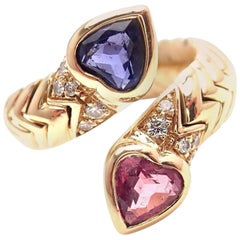 Vintage Bulgari Spiga Diamond Pink Tourmaline Iolite Heart Yellow Gold Ring