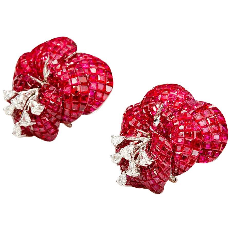 18K White gold Ruby Invisible Butterfly Flower Earrings