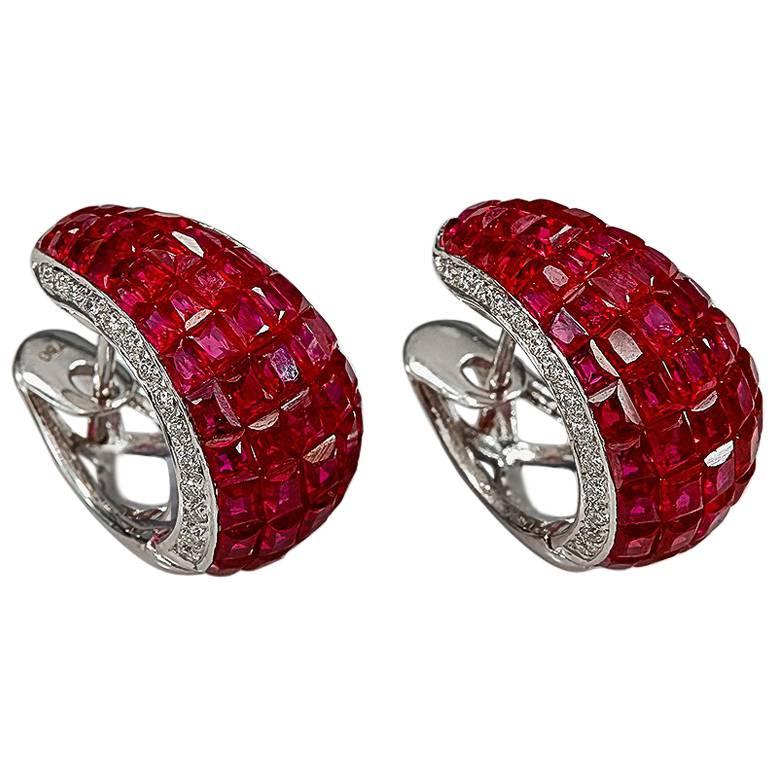 18K White gold Ruby Invisible Hoop Earrings