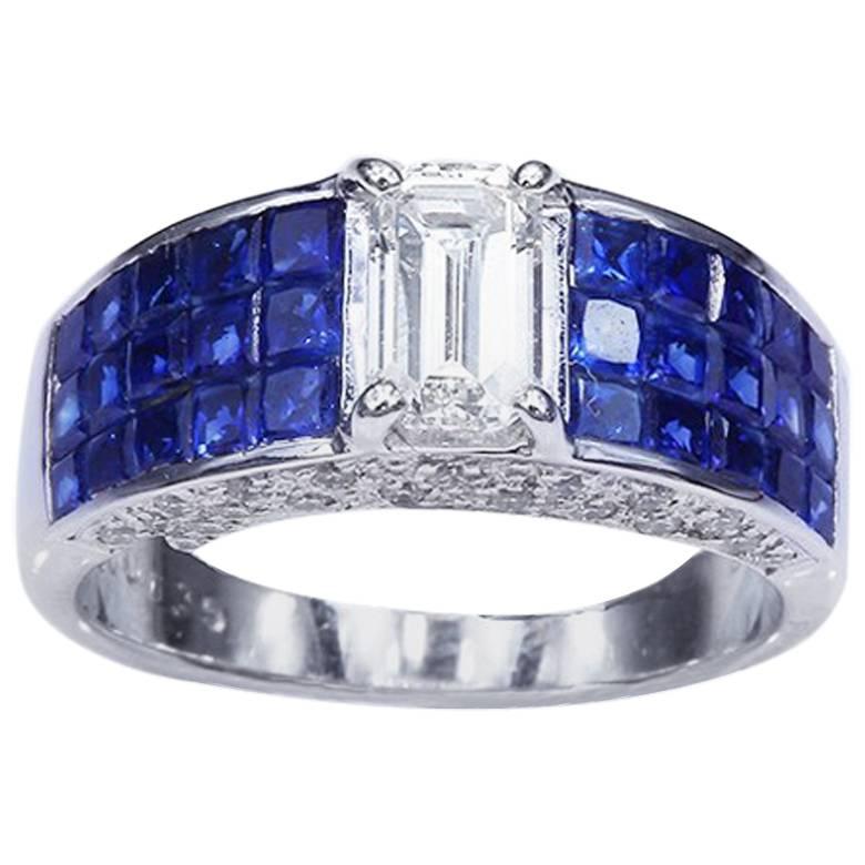 18K White gold Emerald Cut Diamond invisible with Sapphire Ring For Sale