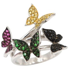 Ruby Tsavorite Yellow Sapphire Black Diamond White Gold Butterfly Ring