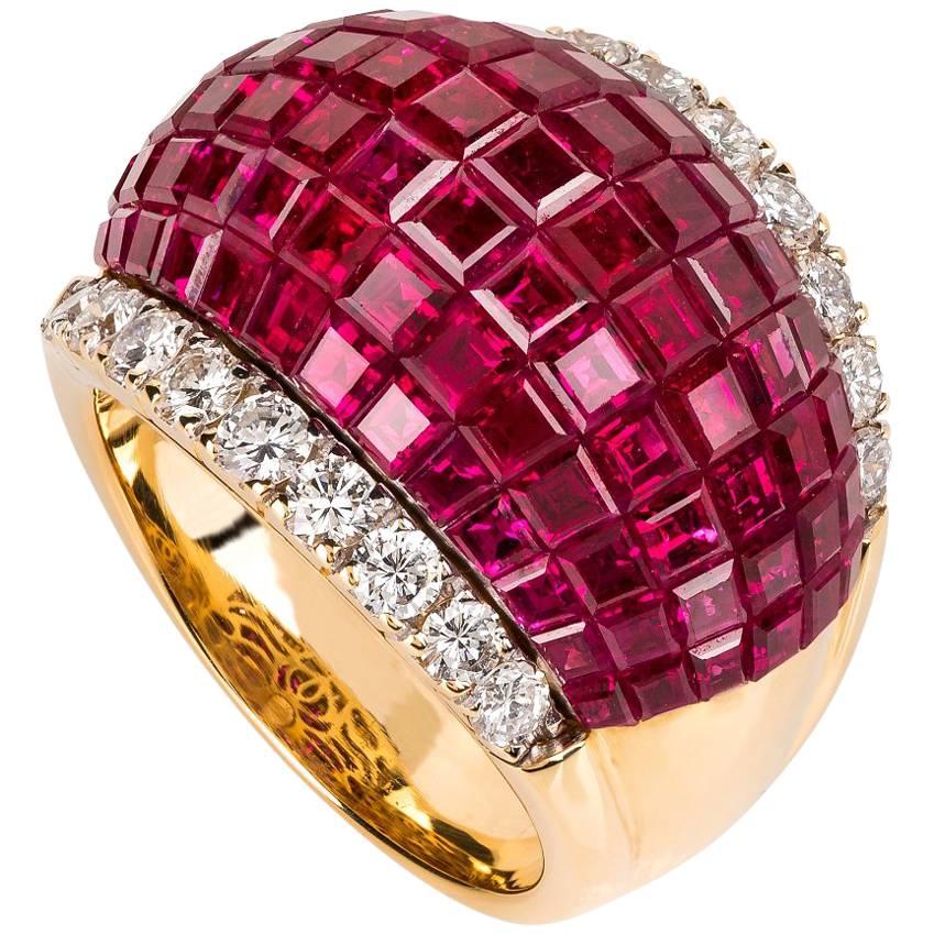Pederzani Milano Invisible Set Ruby Diamond Gold  Ring