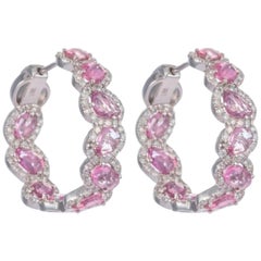 18 Karat White Gold Pink Sapphire and Diamond Hoop Earrings 18 Karat White Gold Pink Sapphire and Diamond Hoop Earrings