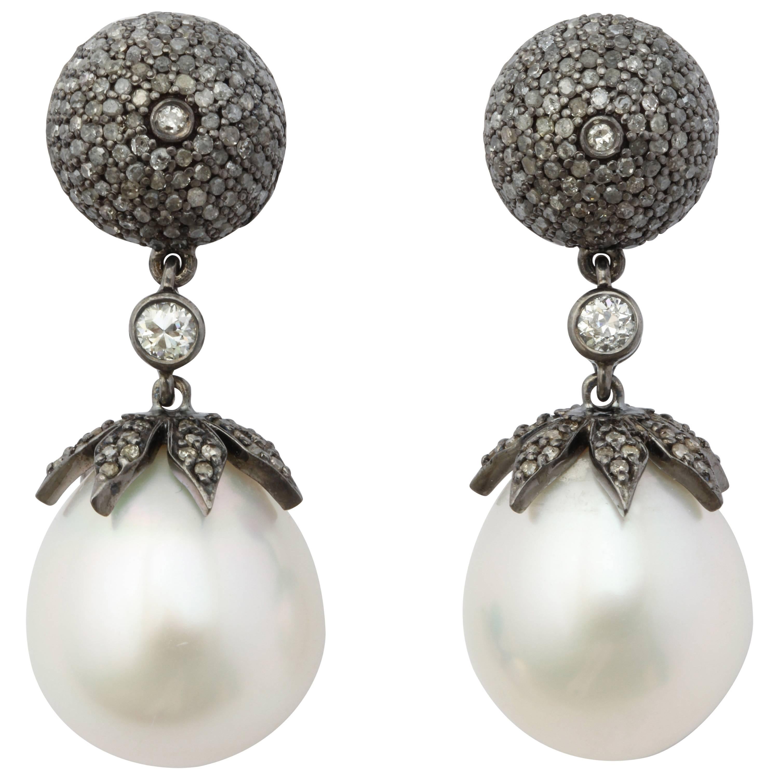 18 Karat Gold South Sea Pearl Drop Earrings with Antiqued Silver and Diamonds