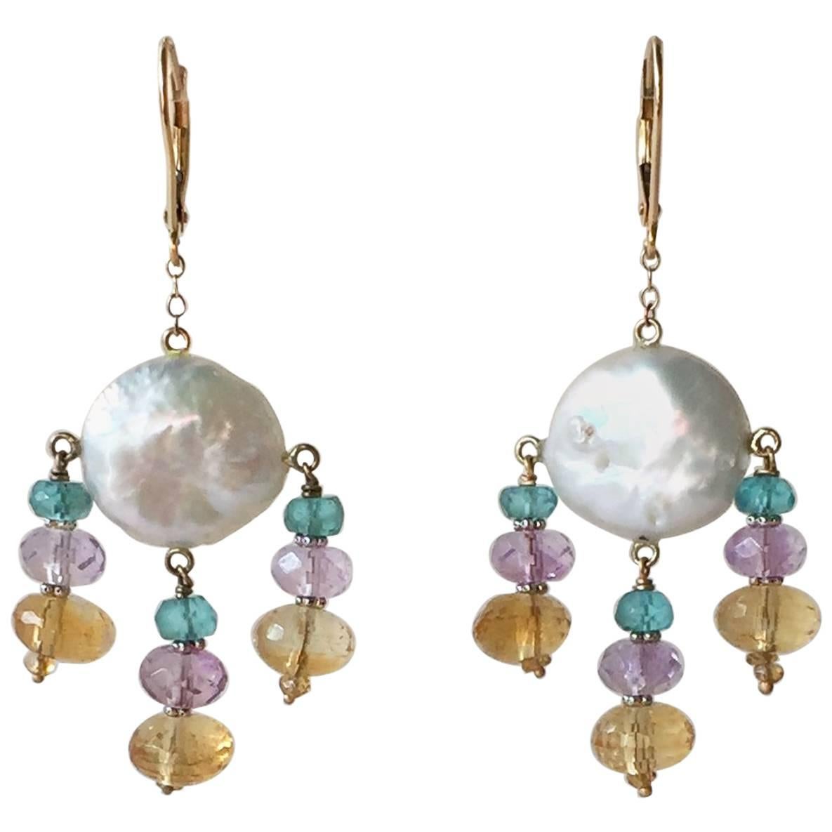 Marina J. Blue Topaz, Amethyst, & Citirine Coin Pearl Earrings & 14k Yellow Gold For Sale