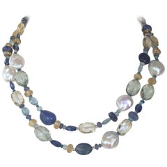 Perle und blauer Halbedelstein Soutoir mit Quaste und 14 Karat Gold