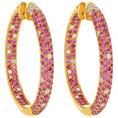 18 Karat White Gold, Diamond and Pink Sapphire Hoop Earrings