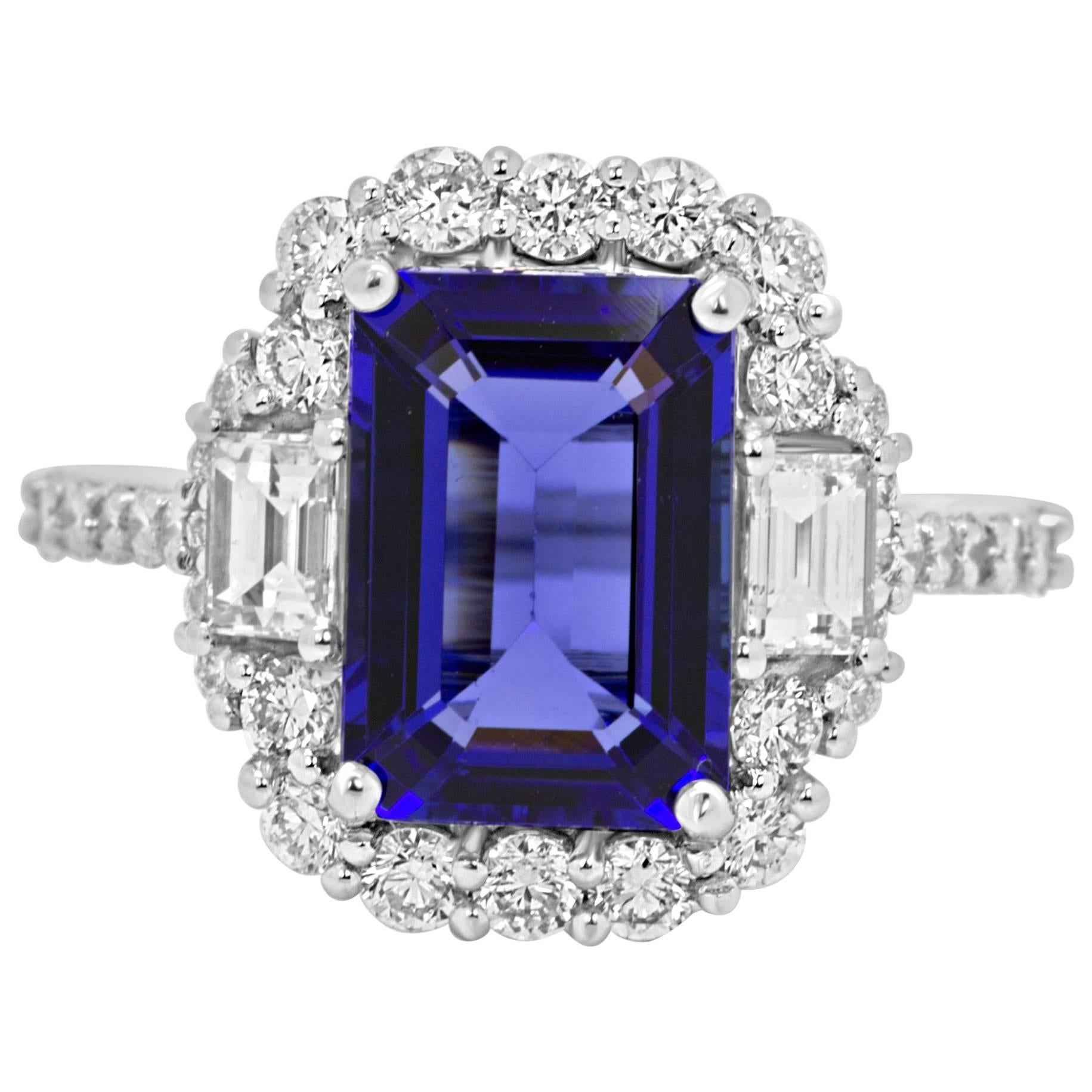 3.98 Carat Tanzanite Emerald Cut White Diamond Halo Three Stone Bridal Gold Ring