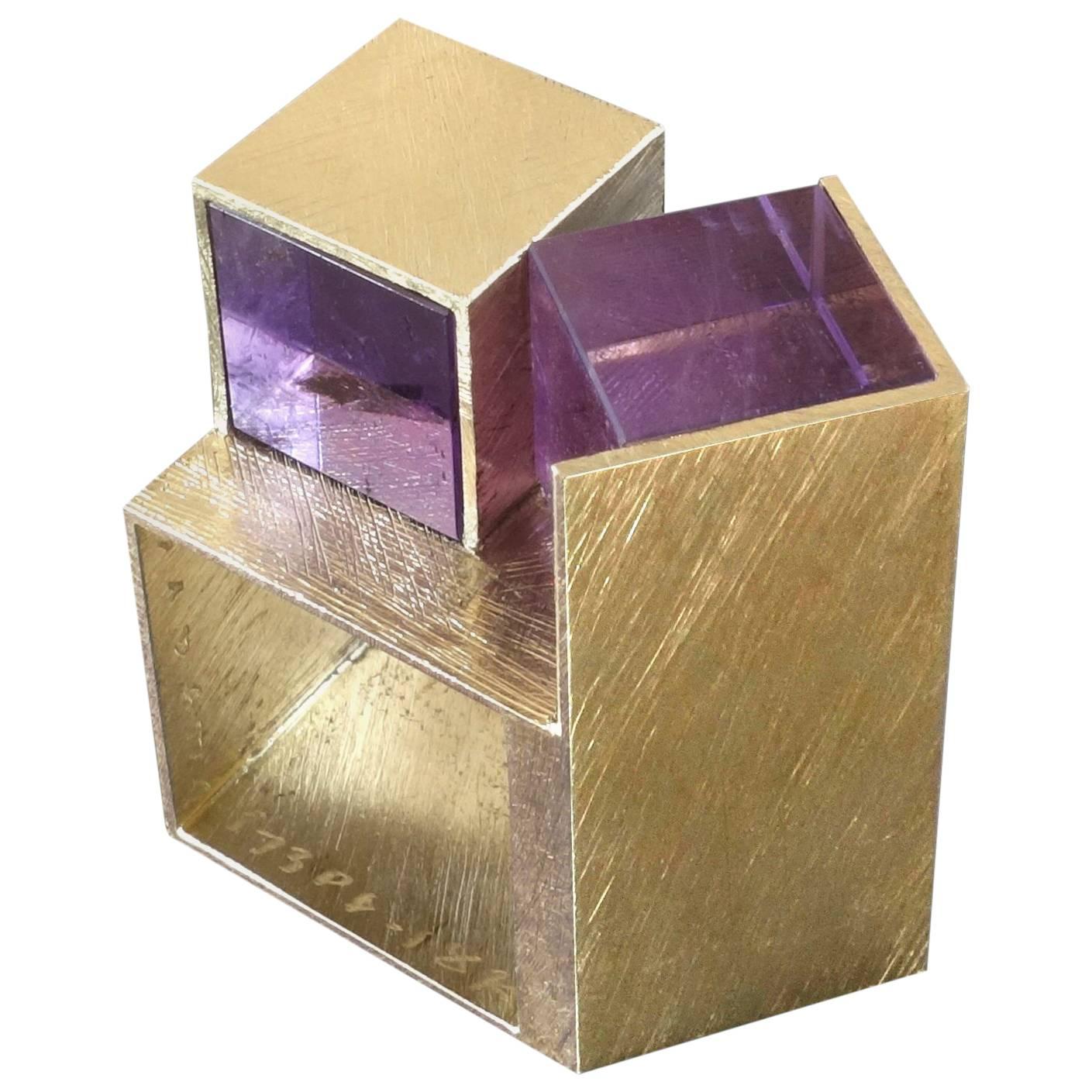 1990s Giampaolo Babetto Architectural Amethyst Cube Gold Ring For Sale