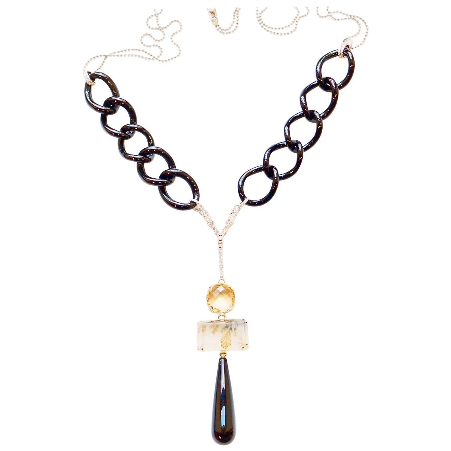 Sharon Khazzam Black Onyx, Quartz, Citrine and White Diamond Bumble Necklace For Sale