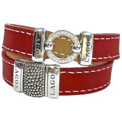 Used Lagos Sterling Silver Diamond Red Leather Strap Enso Bracelet