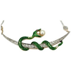 Antique Diamond Crescent Enamel Snake with Pearl on Diamond Chain