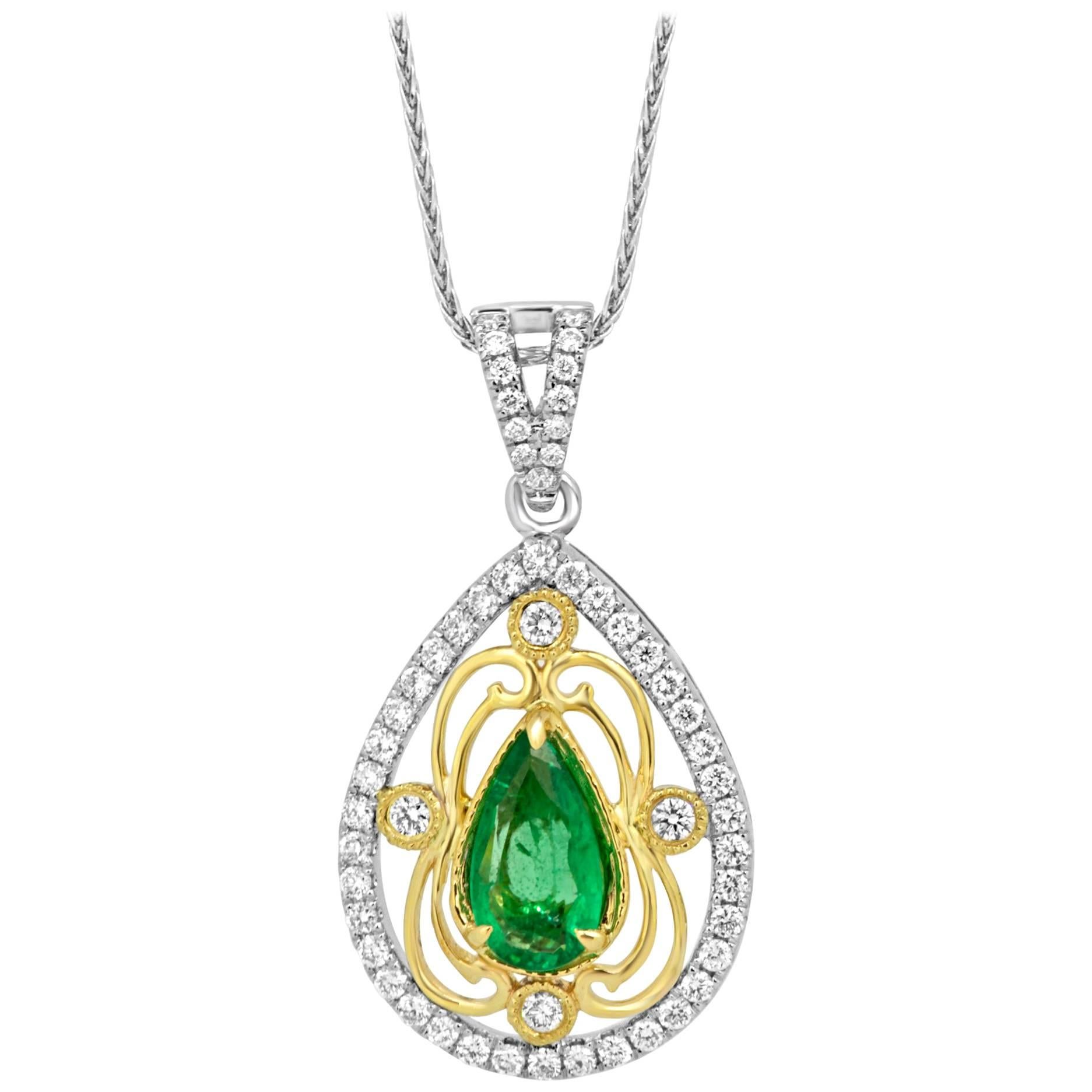 Emerald Diamond Two-Color Gold Pendant with Chain